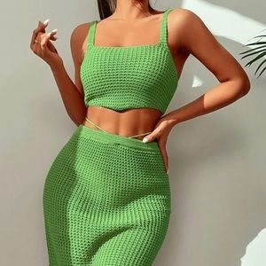 Green Knitted Set Top & Skirt Matching Set